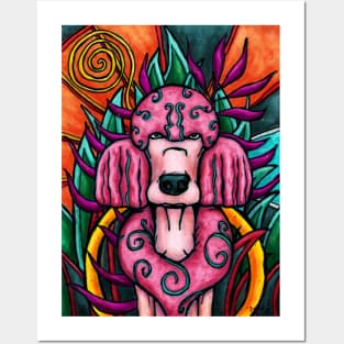 Pink poodle in colorful jungle, quirky poodle dog Posters and Art